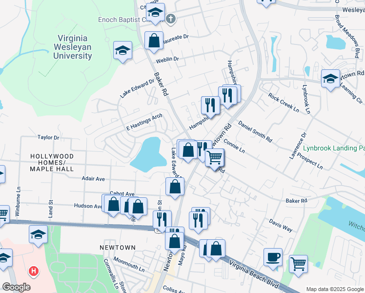 map of restaurants, bars, coffee shops, grocery stores, and more near 5720 Volsung Court in Virginia Beach