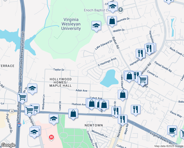 map of restaurants, bars, coffee shops, grocery stores, and more near 5810 West Hastings Arch in Virginia Beach