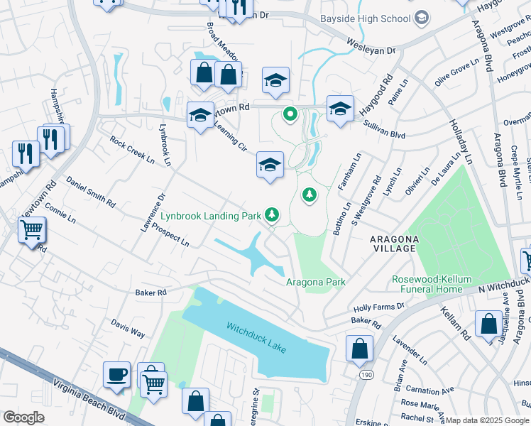 map of restaurants, bars, coffee shops, grocery stores, and more near 5277 Learning Circle in Virginia Beach