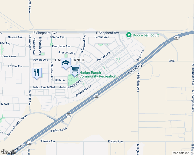 map of restaurants, bars, coffee shops, grocery stores, and more near 3902 Harlan Ranch Boulevard in Clovis