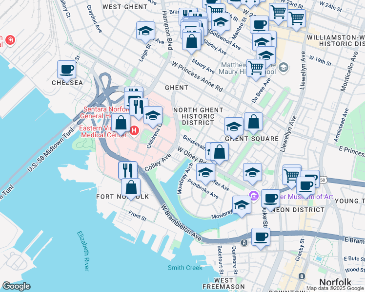 map of restaurants, bars, coffee shops, grocery stores, and more near 618 West Olney Road in Norfolk