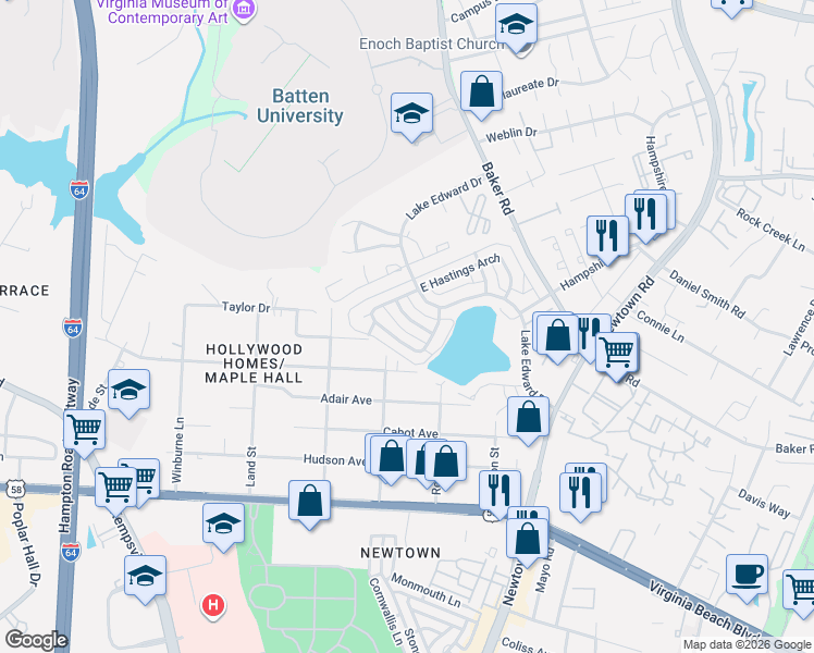 map of restaurants, bars, coffee shops, grocery stores, and more near 817 Lake Edward Drive in Virginia Beach