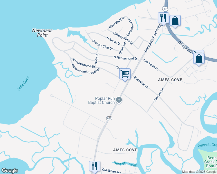 map of restaurants, bars, coffee shops, grocery stores, and more near 1013 Strawberry Court in Suffolk