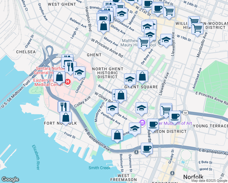map of restaurants, bars, coffee shops, grocery stores, and more near 526 Boissevain Avenue in Norfolk