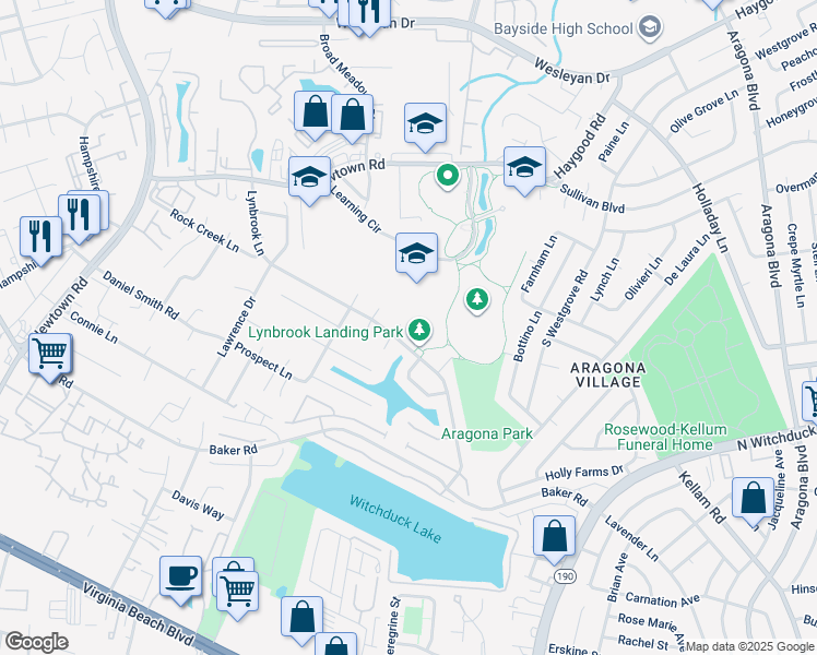map of restaurants, bars, coffee shops, grocery stores, and more near 5277 Learning Circle in Virginia Beach