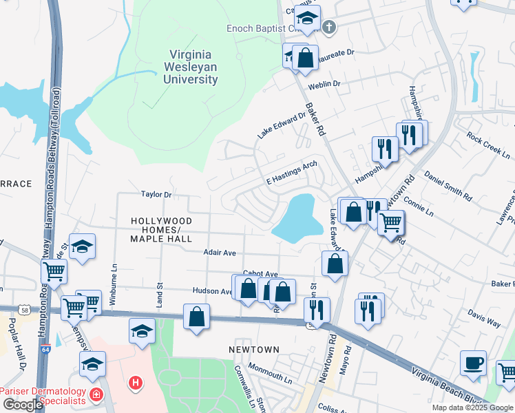 map of restaurants, bars, coffee shops, grocery stores, and more near 817 Lake Edward Drive in Virginia Beach