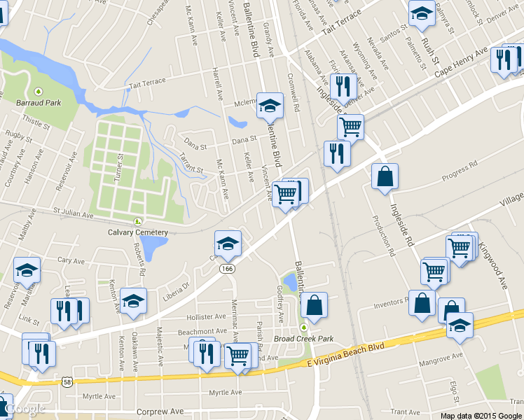 map of restaurants, bars, coffee shops, grocery stores, and more near 2149 Vincent Avenue in Norfolk
