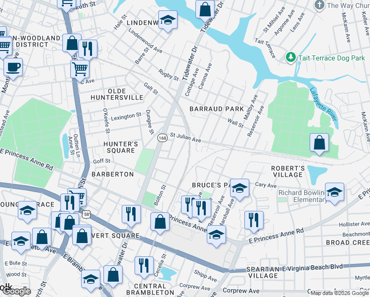 map of restaurants, bars, coffee shops, grocery stores, and more near 1100 Saint Julian Avenue in Norfolk