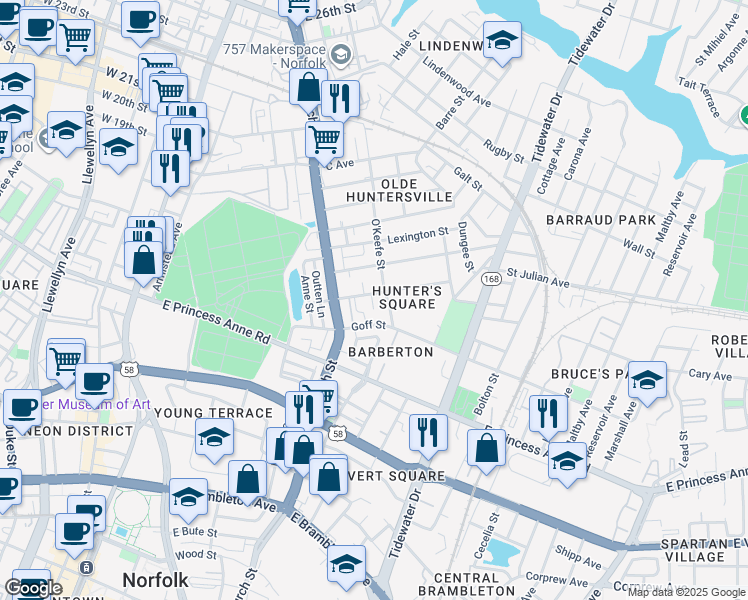 map of restaurants, bars, coffee shops, grocery stores, and more near 1415 O'Keefe Street in Norfolk