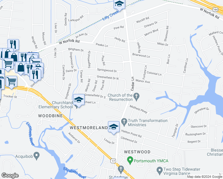 map of restaurants, bars, coffee shops, grocery stores, and more near 3513 Shelton Road in Portsmouth