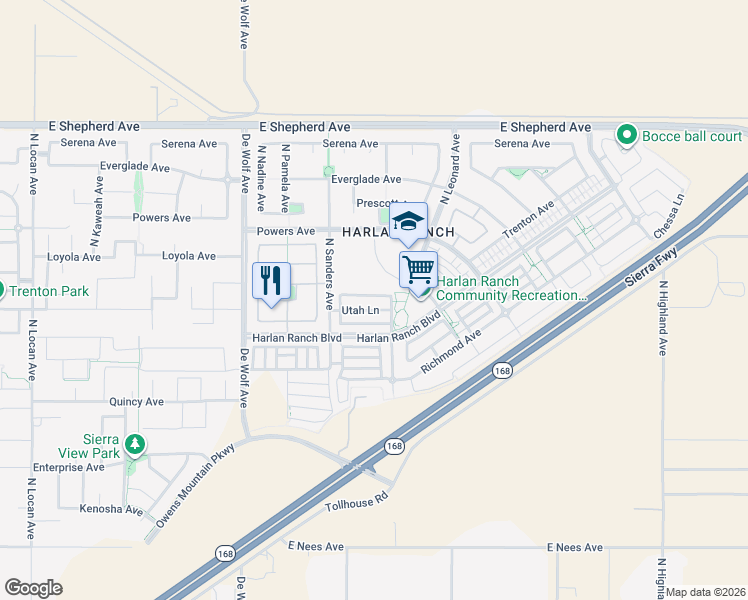 map of restaurants, bars, coffee shops, grocery stores, and more near 3635 Vermont Lane in Clovis