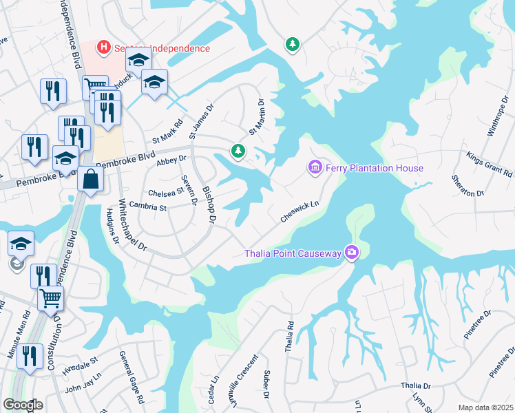 map of restaurants, bars, coffee shops, grocery stores, and more near 513 Cheswick Arch in Virginia Beach