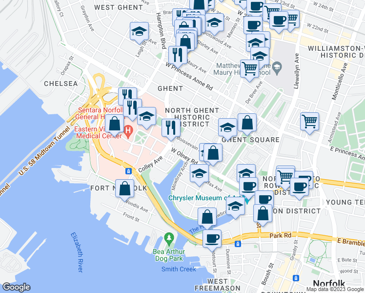 map of restaurants, bars, coffee shops, grocery stores, and more near 611 Stockley Gardens in Norfolk