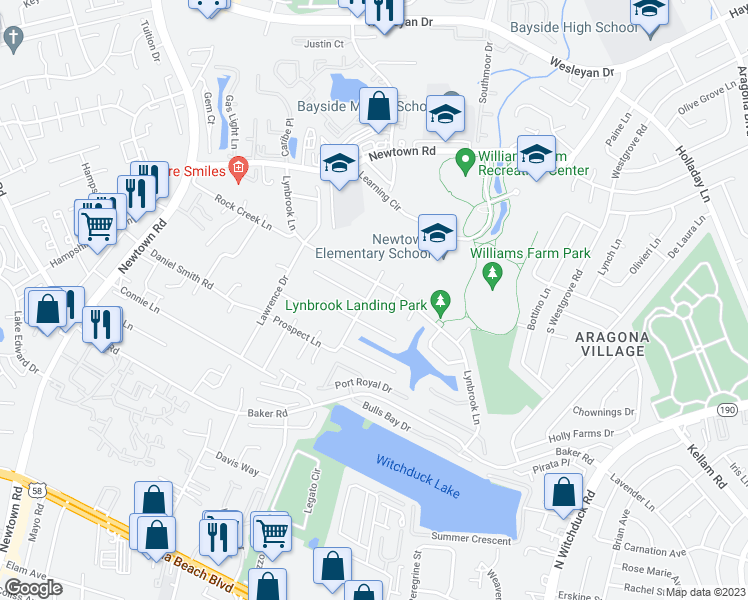 map of restaurants, bars, coffee shops, grocery stores, and more near 682 Goose Creek Road in Virginia Beach