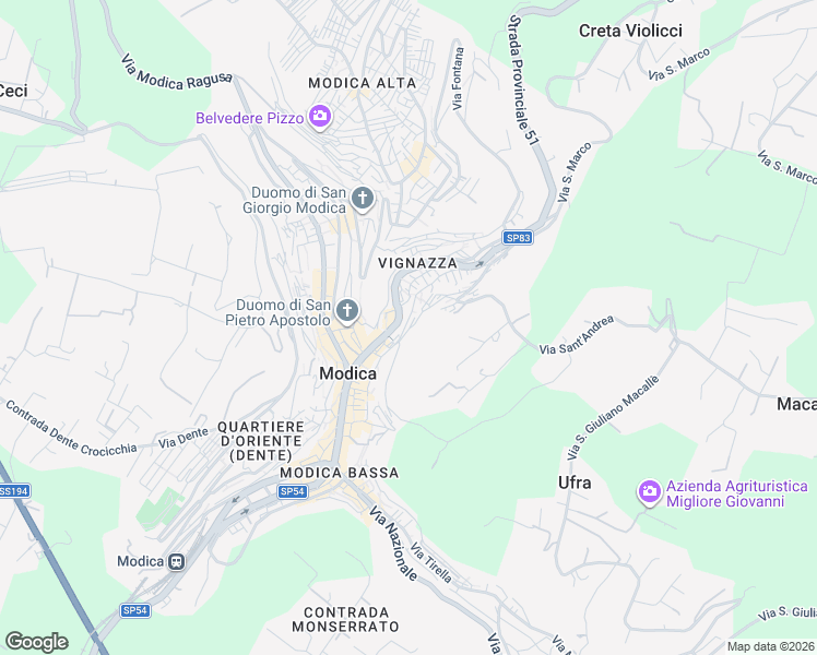 map of restaurants, bars, coffee shops, grocery stores, and more near 56 Via Marchesa Tedeschi in Modica