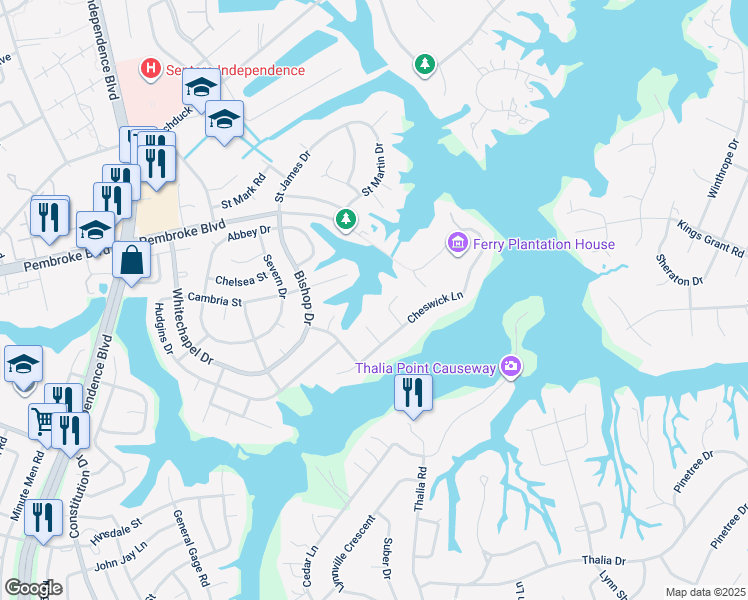 map of restaurants, bars, coffee shops, grocery stores, and more near 513 Cheswick Arch in Virginia Beach