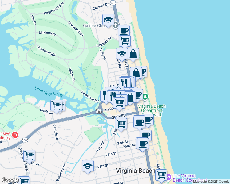 map of restaurants, bars, coffee shops, grocery stores, and more near 404 33rd Street in Virginia Beach