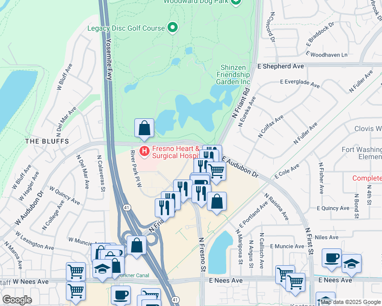 map of restaurants, bars, coffee shops, grocery stores, and more near 9 River Park Place East in Fresno