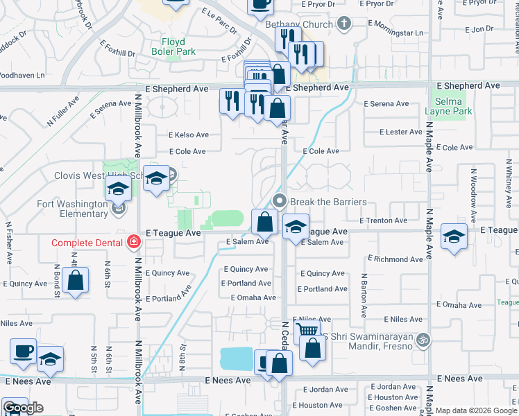 map of restaurants, bars, coffee shops, grocery stores, and more near 8665 North Cedar Avenue in Fresno