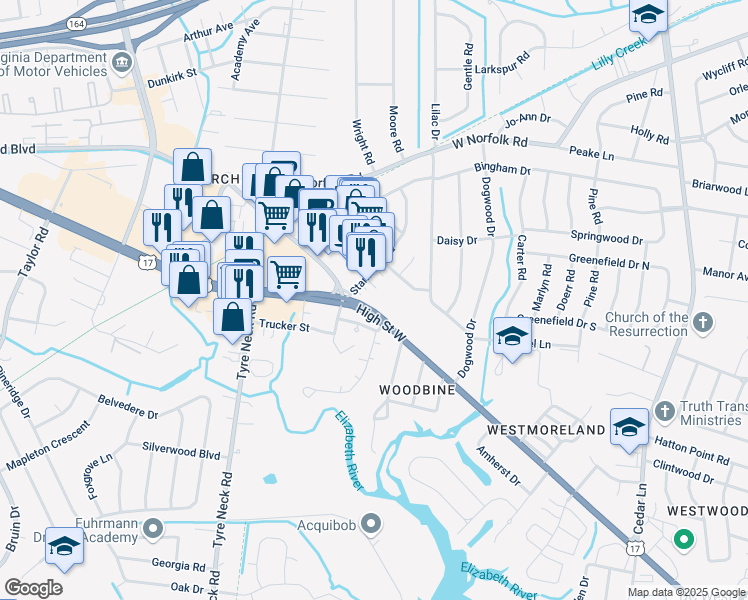 map of restaurants, bars, coffee shops, grocery stores, and more near 5608 Raylaine Drive in Portsmouth