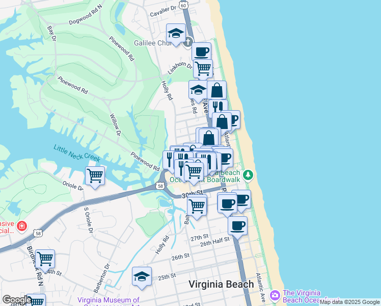 map of restaurants, bars, coffee shops, grocery stores, and more near 407 33rd Street in Virginia Beach
