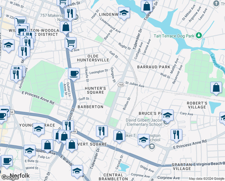 map of restaurants, bars, coffee shops, grocery stores, and more near 1404 Chapel Street in Norfolk