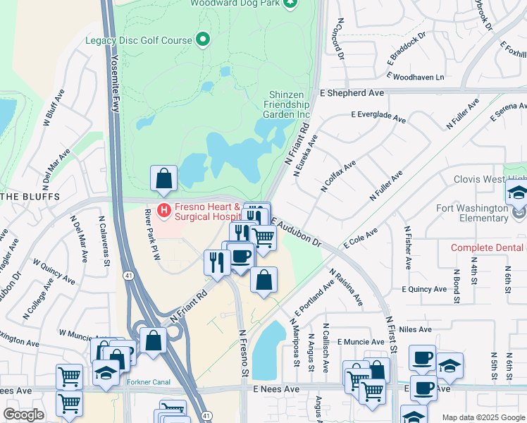 map of restaurants, bars, coffee shops, grocery stores, and more near N Friant Rd & E Audubon Dr in Fresno