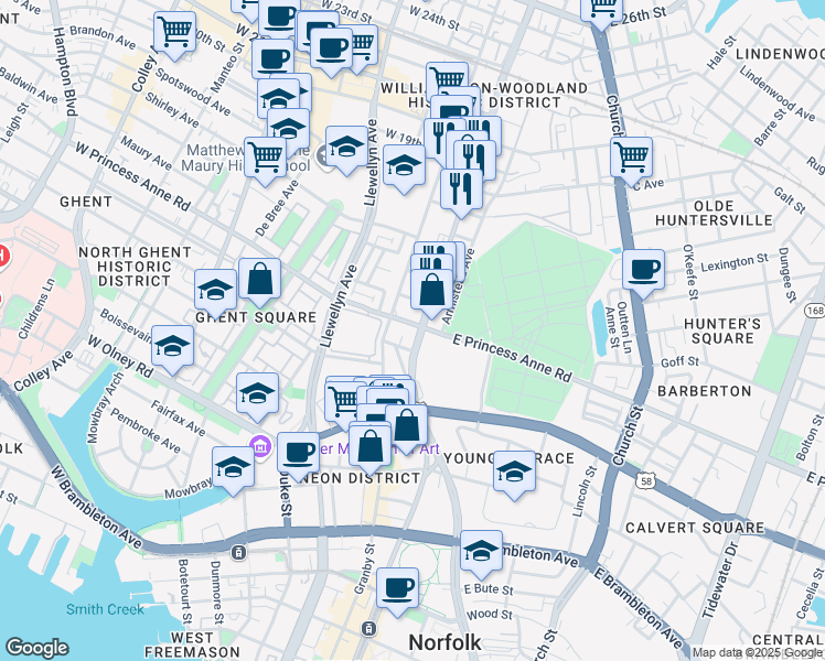 map of restaurants, bars, coffee shops, grocery stores, and more near 1201 Monticello Avenue in Norfolk