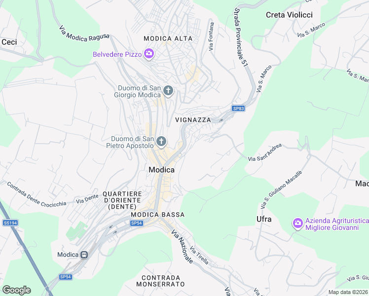 map of restaurants, bars, coffee shops, grocery stores, and more near 56 Via Marchesa Tedeschi in Modica