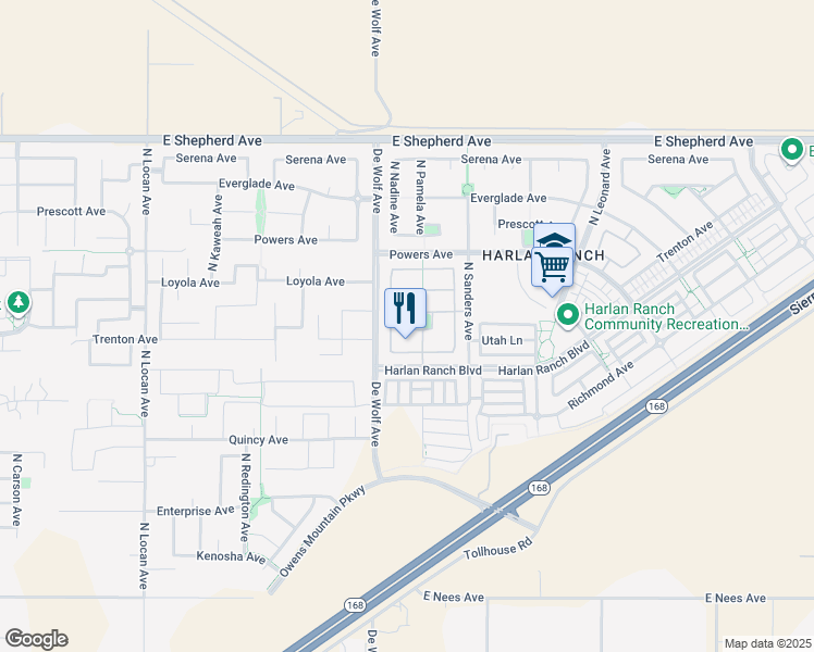 map of restaurants, bars, coffee shops, grocery stores, and more near 3515 Barclay Square in Clovis