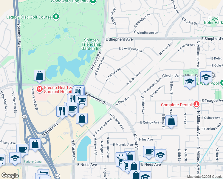 map of restaurants, bars, coffee shops, grocery stores, and more near 307 East Lisa Avenue in Fresno
