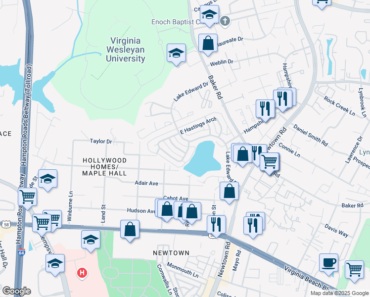 map of restaurants, bars, coffee shops, grocery stores, and more near 817 Lake Edward Drive in Virginia Beach