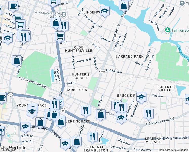 map of restaurants, bars, coffee shops, grocery stores, and more near in Norfolk