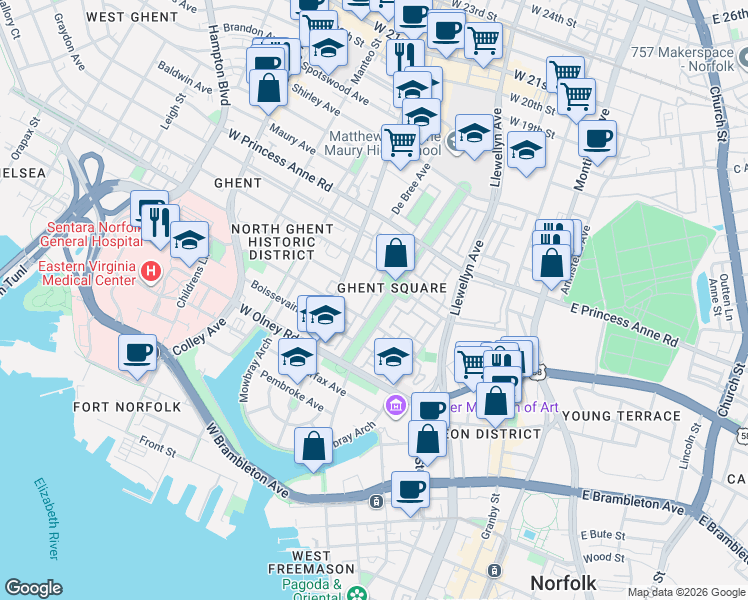 map of restaurants, bars, coffee shops, grocery stores, and more near 837 Botetourt Gardens in Norfolk