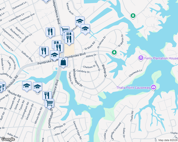 map of restaurants, bars, coffee shops, grocery stores, and more near 4436 Cambria Street in Virginia Beach