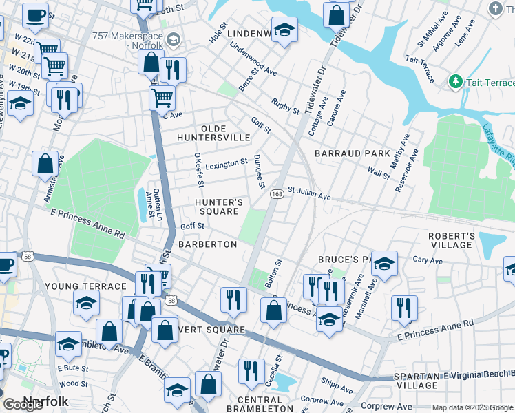 map of restaurants, bars, coffee shops, grocery stores, and more near 1404 Chapel Street in Norfolk