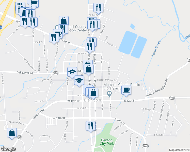 map of restaurants, bars, coffee shops, grocery stores, and more near 803 Poplar Street in Benton