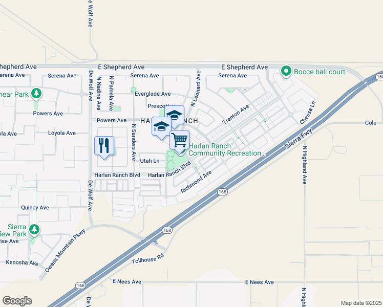 map of restaurants, bars, coffee shops, grocery stores, and more near 3804 Vermont Lane in Clovis