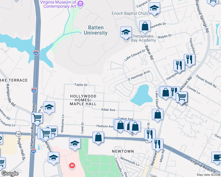 map of restaurants, bars, coffee shops, grocery stores, and more near 5968 Margate Avenue in Virginia Beach