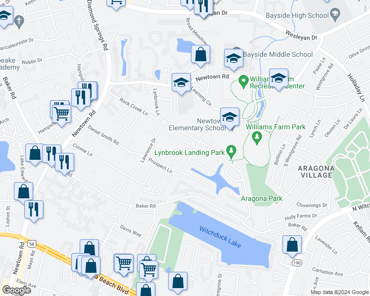 map of restaurants, bars, coffee shops, grocery stores, and more near 5513 Gosling Court in Virginia Beach