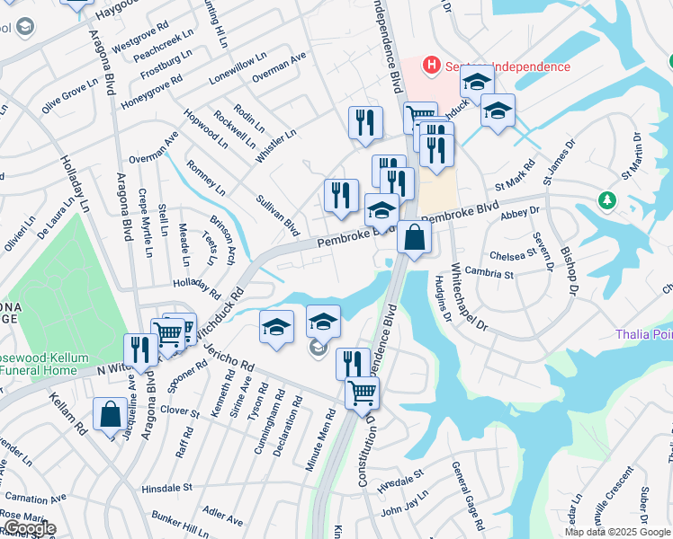 map of restaurants, bars, coffee shops, grocery stores, and more near 750 Emerald Lake Drive in Virginia Beach