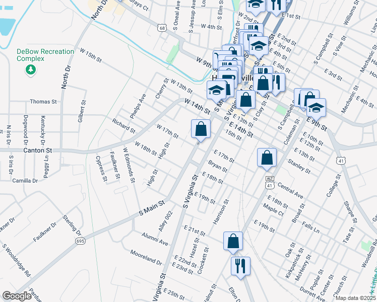 map of restaurants, bars, coffee shops, grocery stores, and more near 1715 South Main Street in Hopkinsville