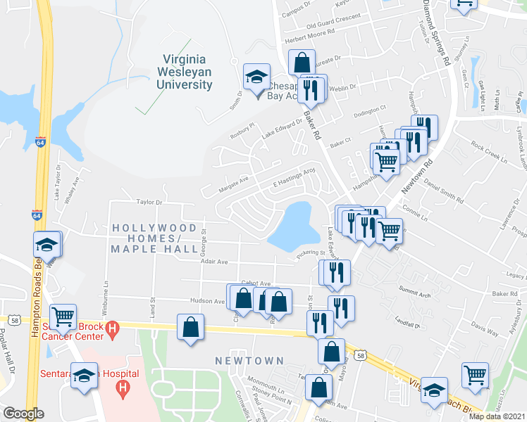 map of restaurants, bars, coffee shops, grocery stores, and more near 612 Red Horse Ln in Virginia Beach