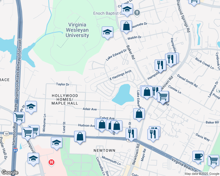 map of restaurants, bars, coffee shops, grocery stores, and more near 612 Redhorse Lane in Virginia Beach