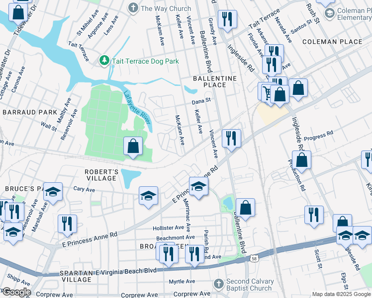 map of restaurants, bars, coffee shops, grocery stores, and more near 2205 McKann Avenue in Norfolk