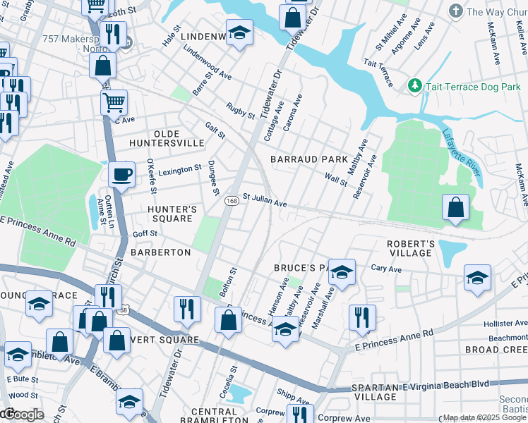 map of restaurants, bars, coffee shops, grocery stores, and more near 1436 Bolton Street in Norfolk
