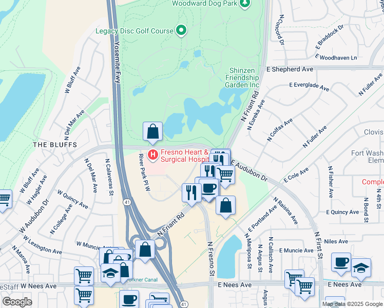 map of restaurants, bars, coffee shops, grocery stores, and more near 15 E Audubon Dr in Fresno