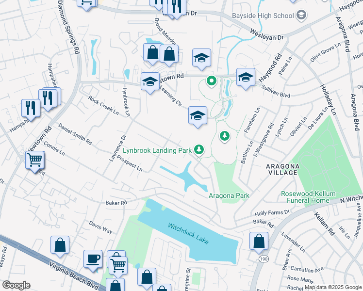 map of restaurants, bars, coffee shops, grocery stores, and more near 712 Crystal Springs Court in Virginia Beach