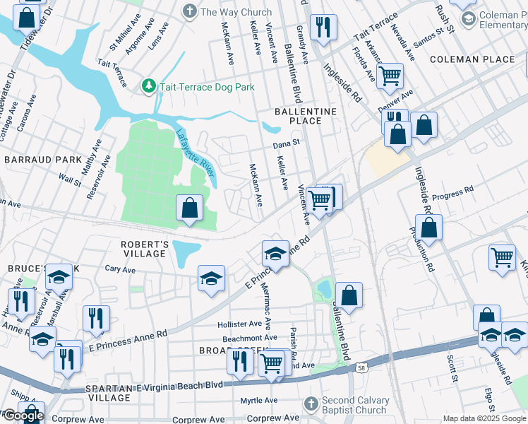 map of restaurants, bars, coffee shops, grocery stores, and more near 2205 McKann Avenue in Norfolk
