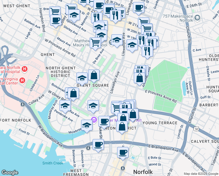 map of restaurants, bars, coffee shops, grocery stores, and more near 1023 Llewellyn Mews in Norfolk